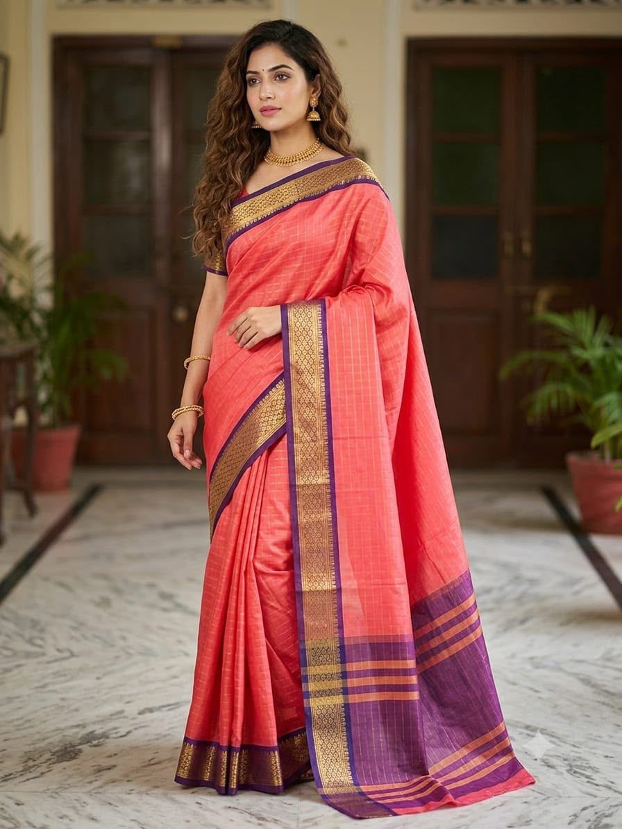 Coral Pink Handloom Cotton Silk Saree with Purple Gold Zari Checkered Weave